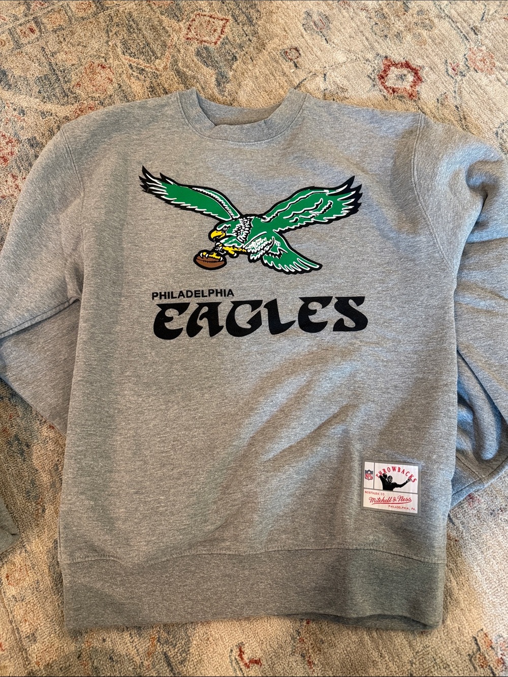 Mitchell & Ness Gray Philadelphia Eagles Crewneck with Green Eagle Graphic